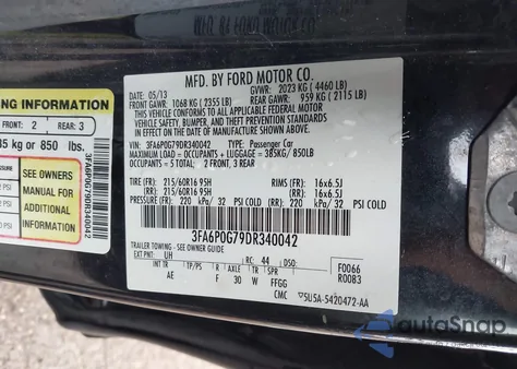 2013 Ford Fusion S z USA, uszkodzony, nr VIN 3FA6P0G79DR340042